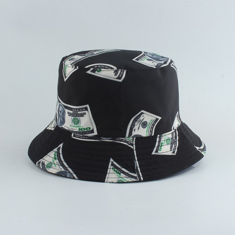 Dollar Print Fishing Cap Bob Chapeau Femme Reversible Bucket Hat Men Fishing Bucket Hats For Women Harajuku Hip Hop gorro: dollar  black