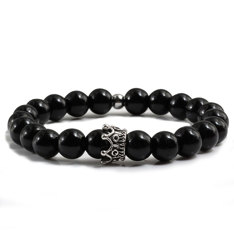 Heiße Neue Charme Krone Männer Armreifen Natürliche Stein Weiß Porzellan Perlen Armbänder Hand Zubehör Für Frauen Elastische Seil Hand Kette: Schwarz1