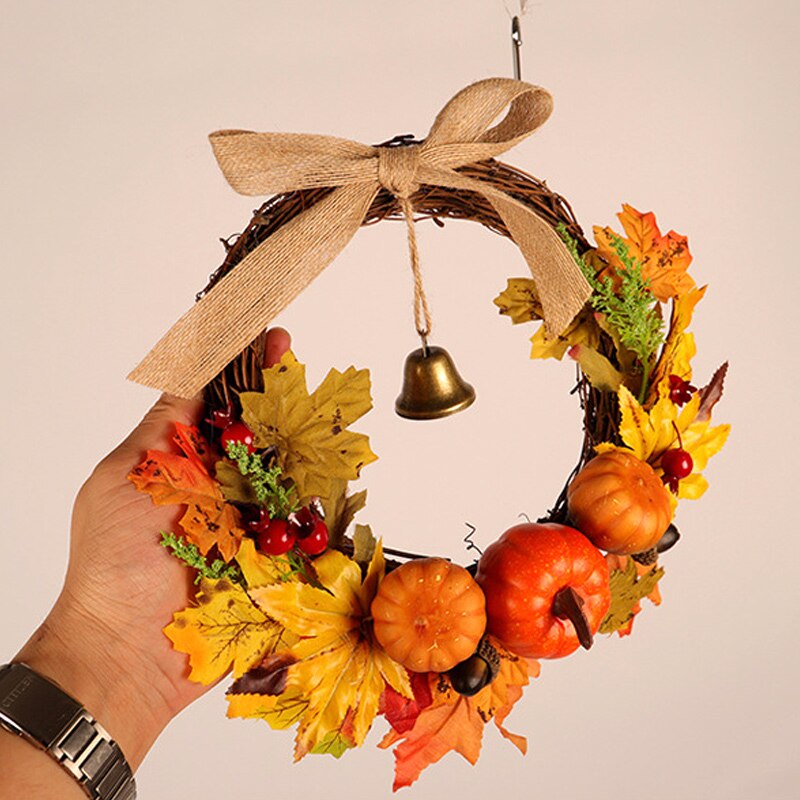 Herfst Leaf Pompoen Krans Met Bell Thanksgiving Halloween Voordeur Home Decor _ Wk
