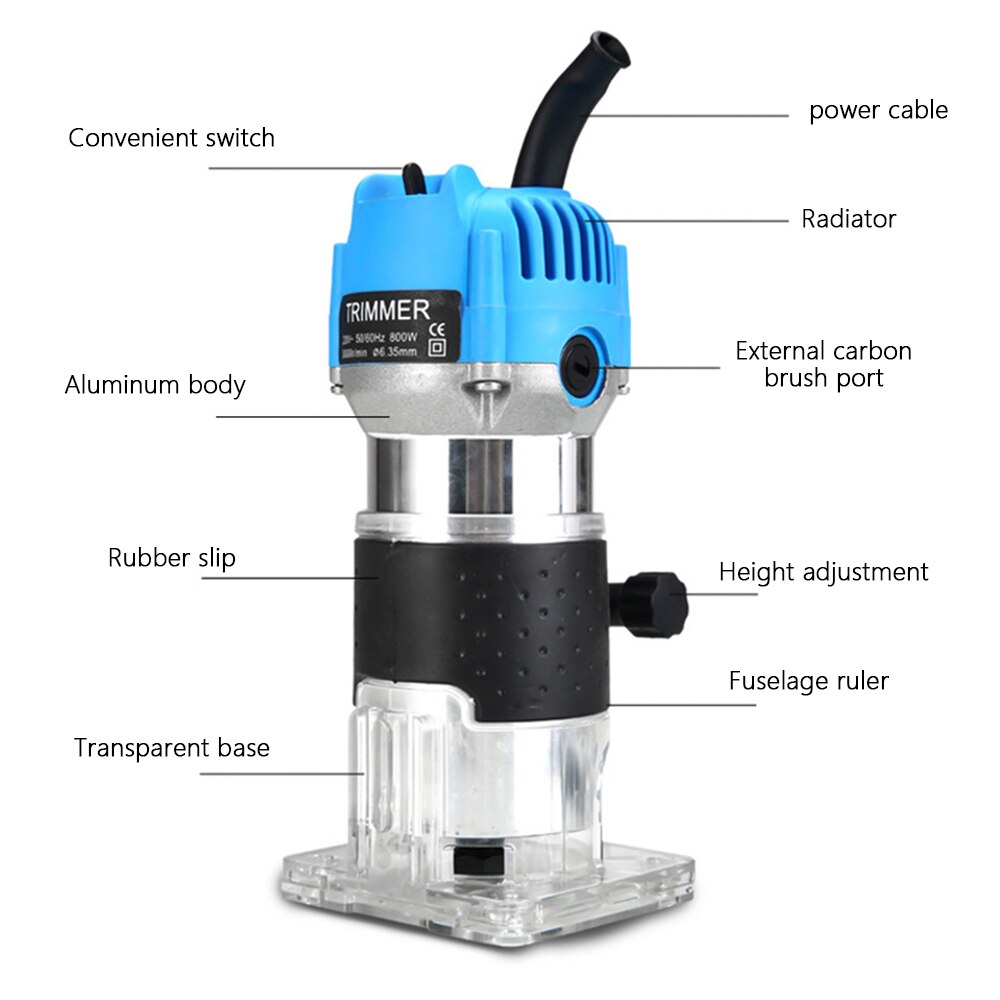 800W Electric Hand Trimmer Router Wood Carving Machine With Carrying Case Woodworking Wood Milling Slotting Machine