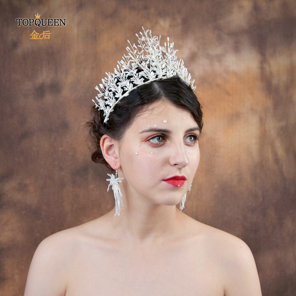 TOPQUEEN White Tube Beauty Queen Crown Tiara Cheap Bridal Crown Rhinestone Headbands for Women Hair Vines for Wedding HP193