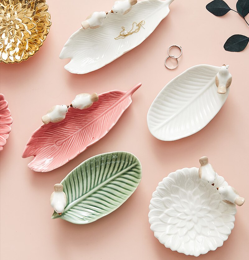 Bandeja de cerámica para decoración de joyas, bandeja de almacenamiento de joyas, soporte de exhibición de Joyas, decoración de joyería de Pájaro lindo, bandeja de aperitivos