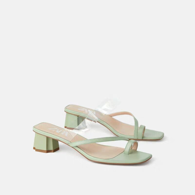 Sommar dam sandaler kvadrat tå med klack dam skor med genomskinlighet pvc bälte flip flop kvinnliga sandaler: Grön / 38