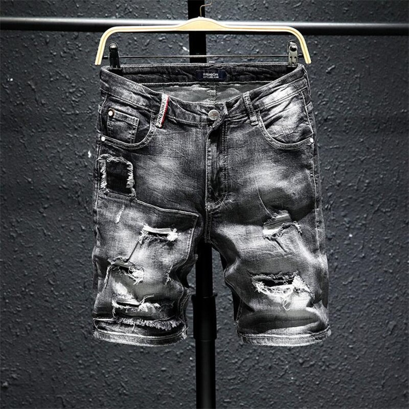 Mænd grå ripped denim shorts sommer huller sorte korte jeans bløde bomuld stretch jeans korte knælange jeans: 28