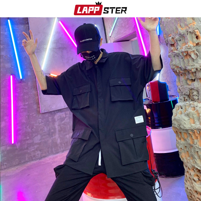 Lappster menn streetwear lommer last skjorter ins moter sommer kortermede svarte skjorter mann japansk stil hofte hopp klær