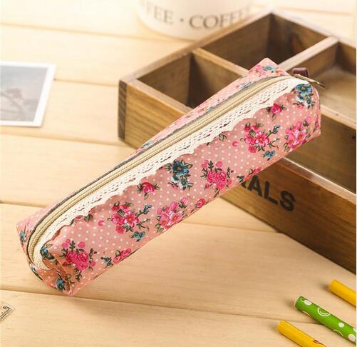 1pcs/lot Floral Fabric Pencil Bag Vintage Flower Lace Utiles Escolares Korean Style Pen Pouch for School Offices Supplies: pink