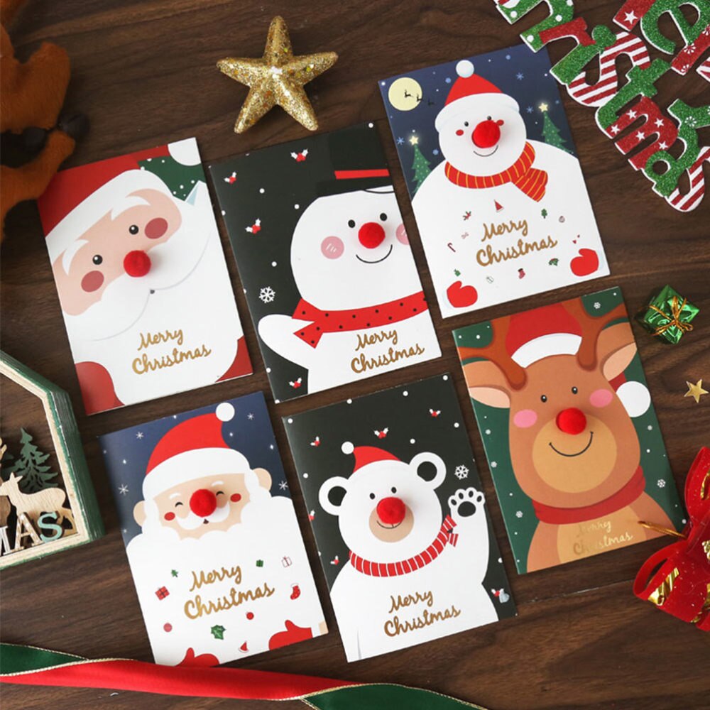6 Stuks Kerst Wenskaarten 3D Rode Neus Wenskaarten Met Envelop