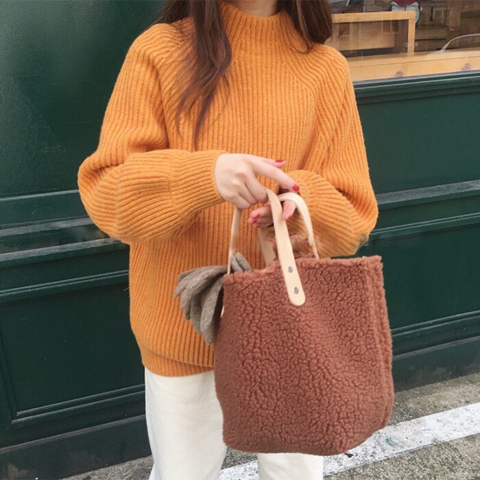 Koreanische frauen tasche Stlye, Große geräumige winter neue Weichen woll plüsch frauen tasche, frauen taschen, einkaufstasche bolsa, frauen weiß: Brown