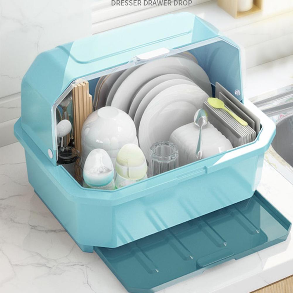 Tableware Storage Box Kitchen Dish Drain Rack With Lid Desktop Plate Home Dinnerware Container Holder Kitchen Cupboard Supplies