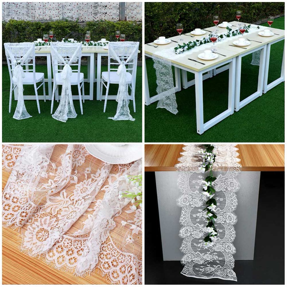 OurWarm Boho Wedding Table Decoration 35X300CM Floral Pattern White Lace Table Runner Rustic Chic Wedding Party Supplies