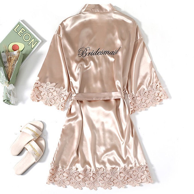 Champagne Bruid Bruidsmeisje Bruiloft Gewaad Kant Nachtkleding Homewear Sexy Satijnen Badjas Jurk Vrouwelijke Nachthemd Intieme Lingerie