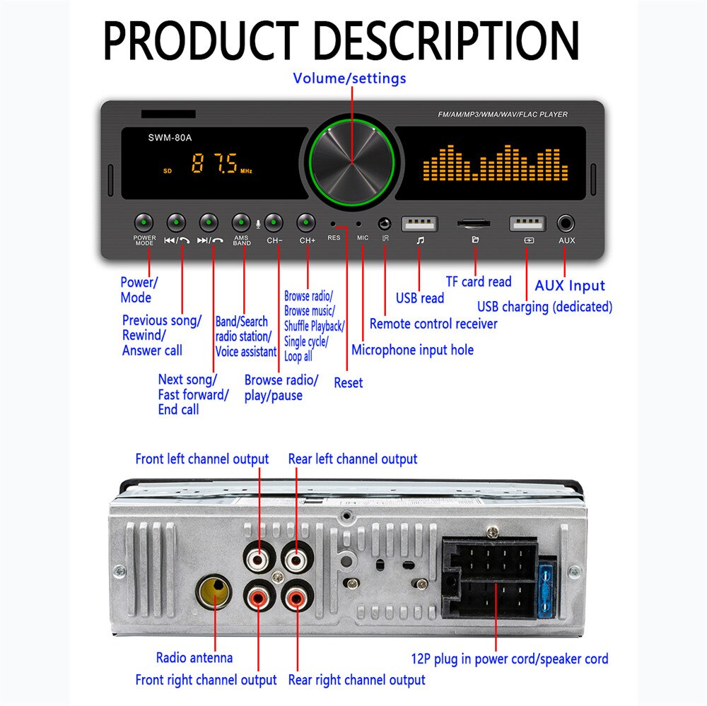 Bluetooth Autoradio Autoradio Radio Fm Aux Ingang Ontvanger Sd Usb SWM-80A 12V In-Dash 1 Din Auto MP3 Multimedia Speler