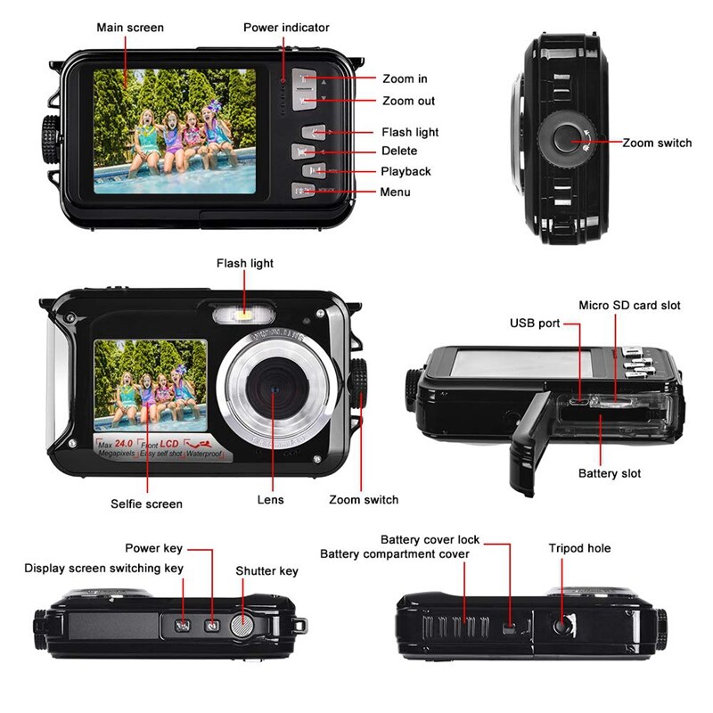 Vanntett kamera  hd 1080p for snorkling 24.0 mp undervannskamera 2.7 tommers tft-lcd dual sn vanntett digitalkamera (
