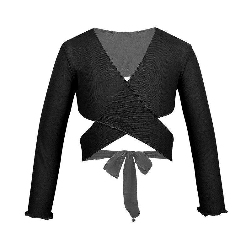 Kids Girls Classic Mesh Ballet Costume Long Sleeve Wrap Top with Adjustable Tie Closure Flower Bridesmaid Wedding Dress Wrap: Black / XL