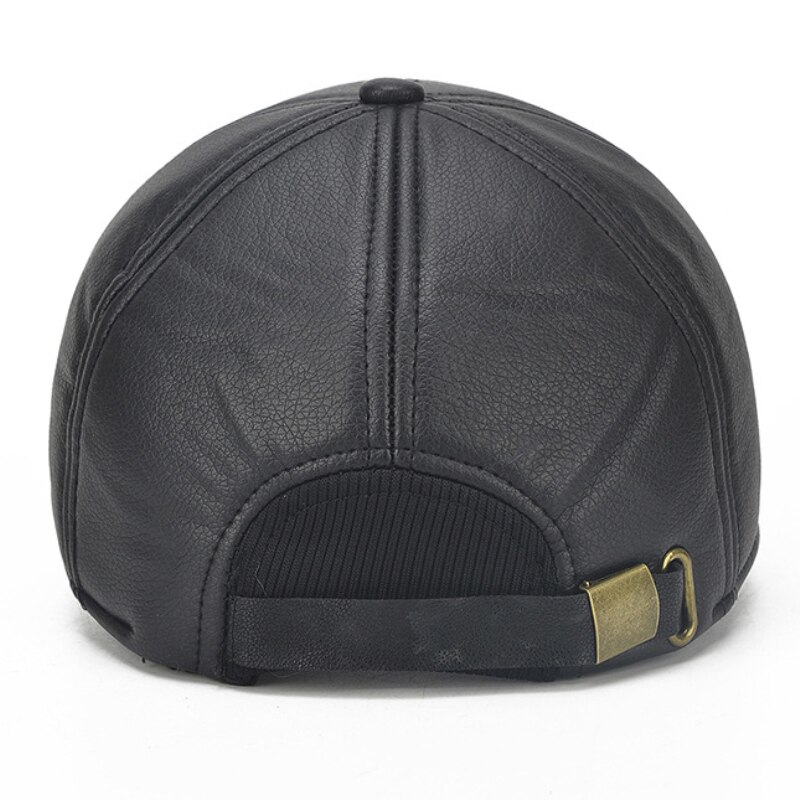 HT1876 PU Leather Baseball Caps Men Solid Black Snapback Baseball Hats Warm Winter Hats Caps for Men Adjustable Earflap Dad Caps