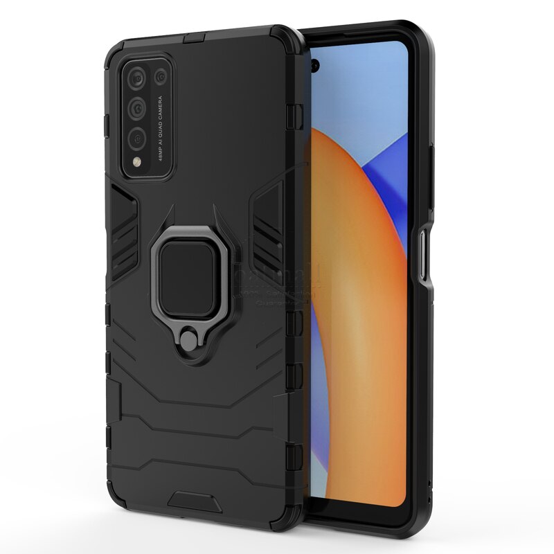 Hybrid Rugged Armor For Huawei Honor 10X lite Case Kickstand With Metal Finger Ring Shock Proof Cover For Honor 10X light Cases: Black