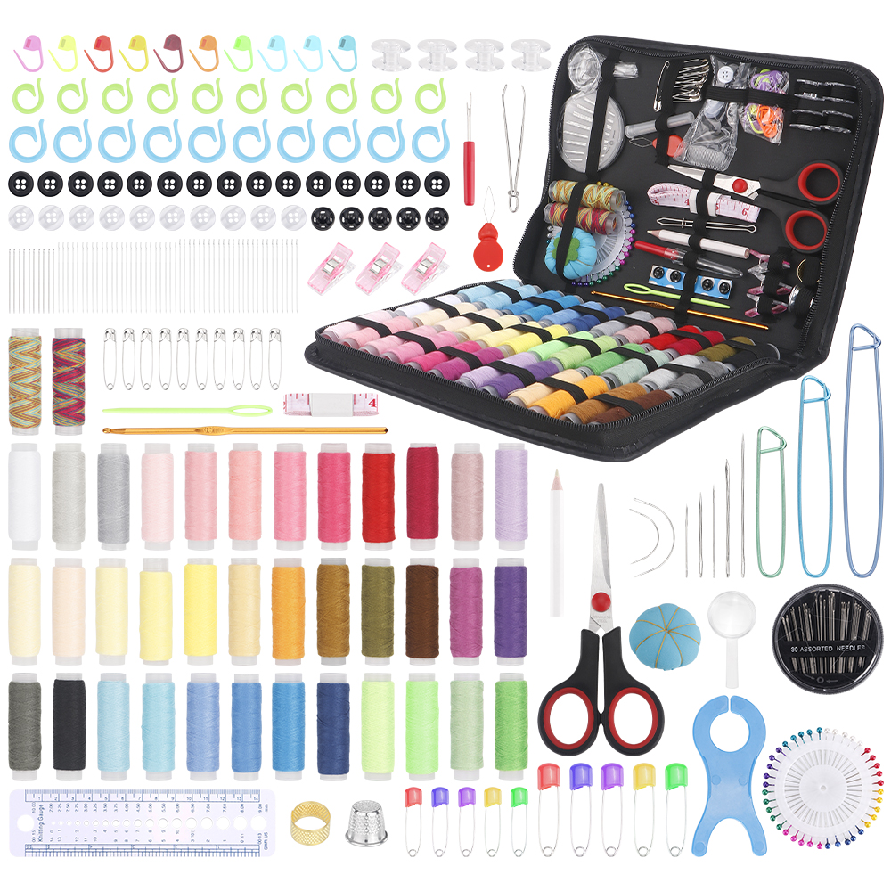 Sysæt med etui, bærbart syudstyr til hjemmerejsende, voksne, begyndere, indeholder tråd, saks, nåle, måleudstyr osv.