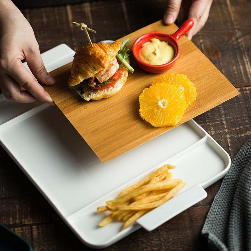 Ceramic Western Plate Grid Plate Household Square Tableware Snack Platter Bamboo Wood Western Steak Plate