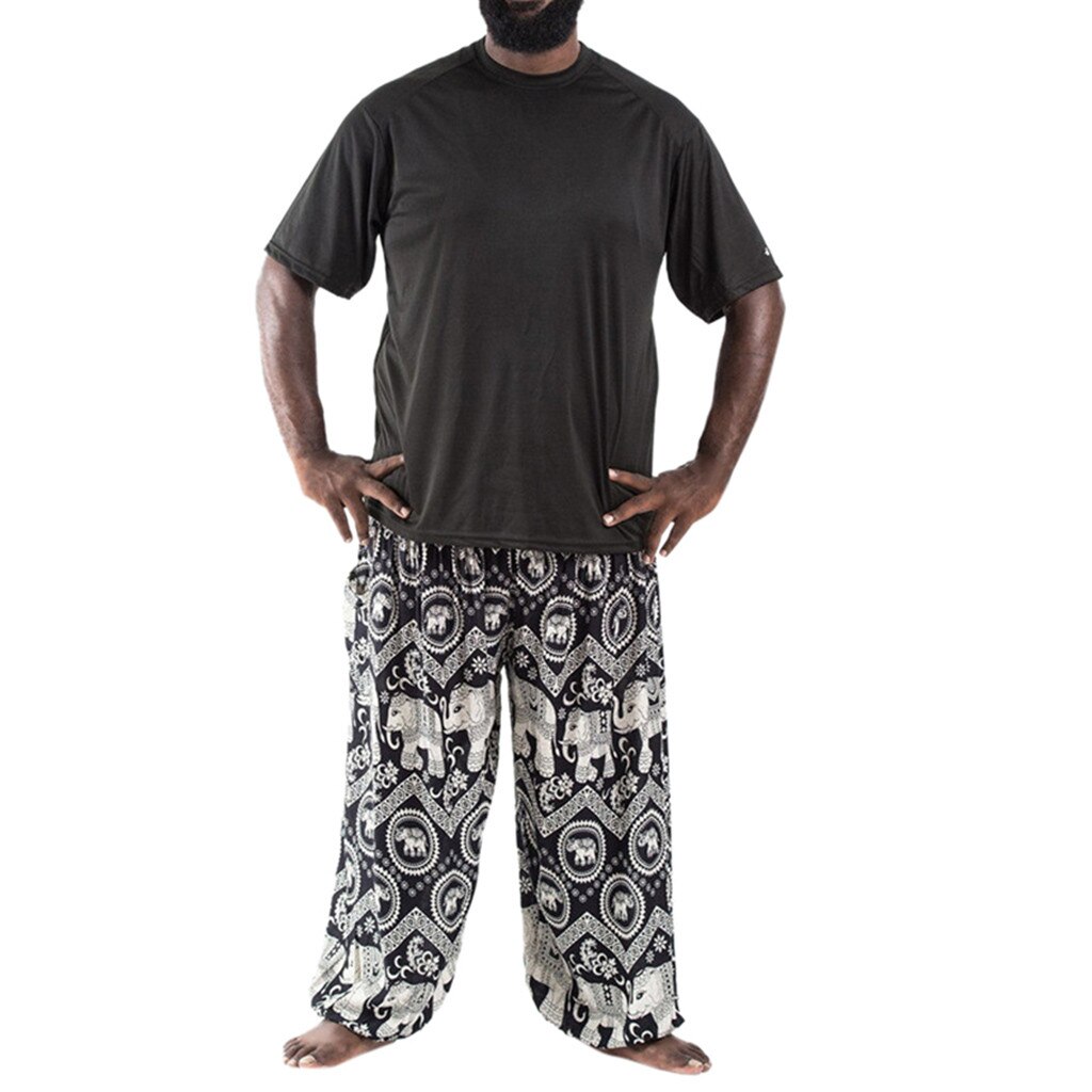 Størrelse bohemian hippie mænd afslappet bukser elastisk talje yoga bukser: J