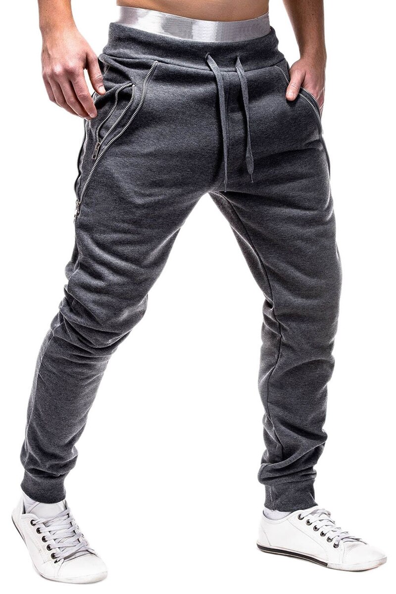 Men Pants Autumn and Winter Zipper Decorative Men's Casual Sports Pants: L / Dark Gray
