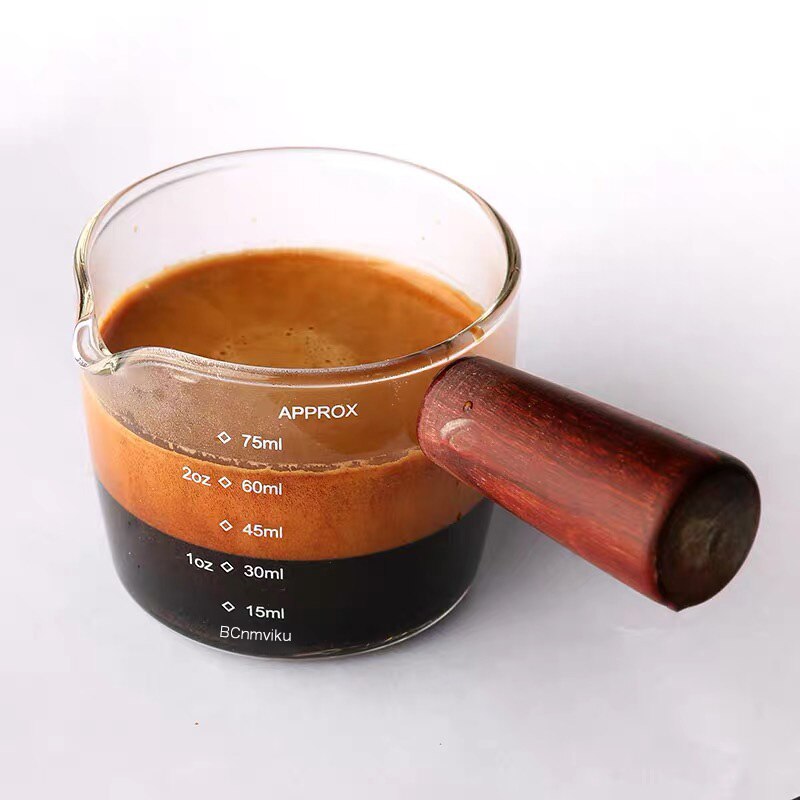 Espresso Koffie Meten Ounce Cup Houten Handvat Schaal Hoge Borosilicaatglas Huishouden Cafe Winkel Metering Transparante 75Ml
