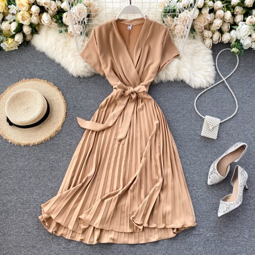 Midi retro Dress Women's Solid Color V-neck Lace-up Waist Slimming over-the-Knee Pleated Dress Office Lady: Khaki