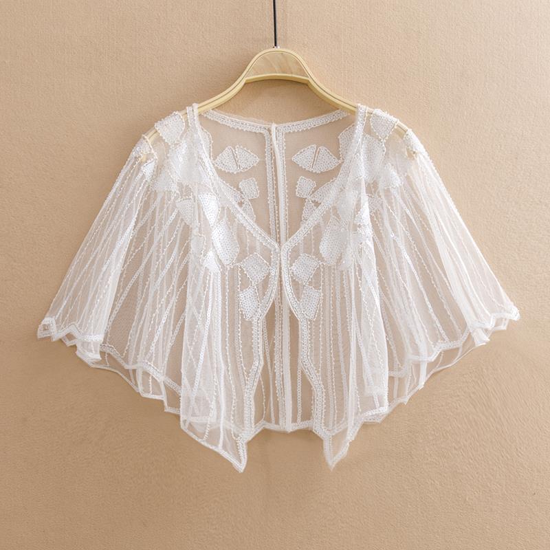 Châle de mariée , 16 couleurs, enveloppe en dentelle noire, boléro Cape courte pour femmes, paillettes scintillantes, veste d'été en dentelle noire: purewhite