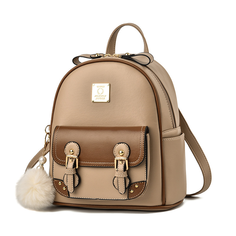 Color Block PU Backpack for Women | Stylish Daypack with Pompom Charm & Multiple Compartments: Brown