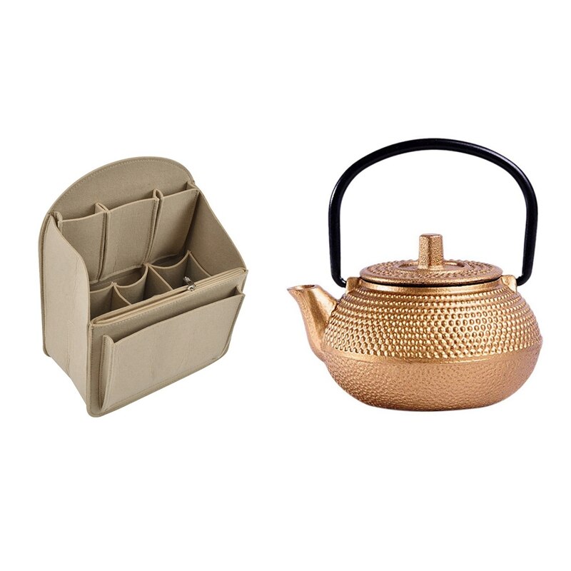 1Pcs Mini Japanese Style Cast Iron Tea Kettle 50Ml & 1Pcs Makeup Bag Insert Travel Organizer Felt Bag