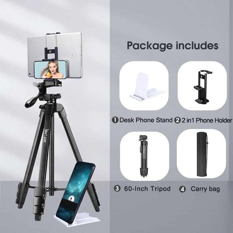 Tripod for Camera Tablet 60-Inch/150cm Aluminum Phone Tripod for Phone /iPad/ DSLR Camera with remote control Mount Holder: 2in1 Holder Tripod