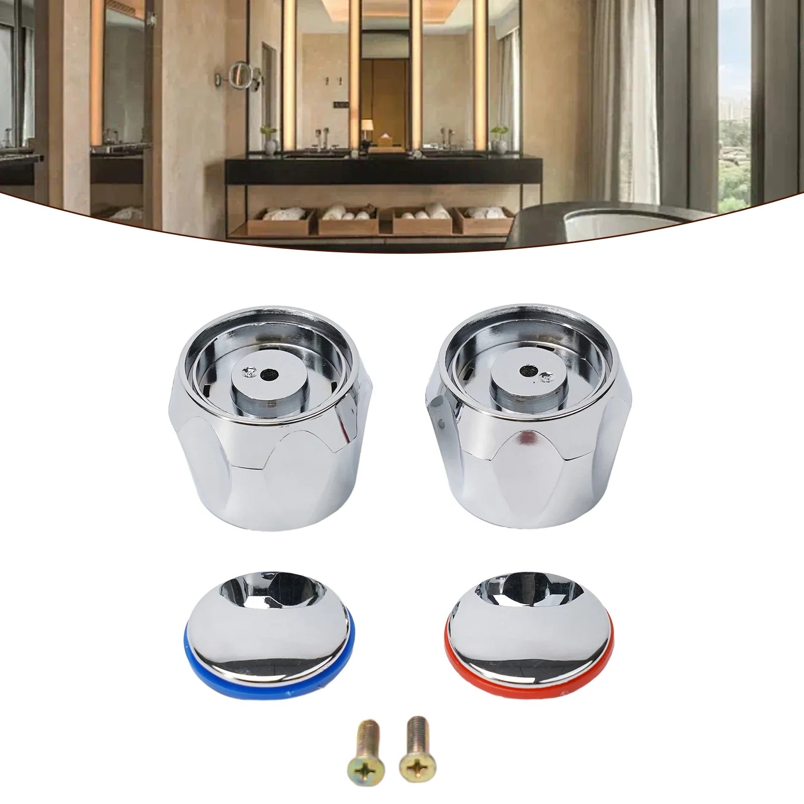 2pcs Faucet Handle Faucet Knob Handle Cold & Tap Top Head Chrome Plated Replacement Set Bathroom Faucet Accessories