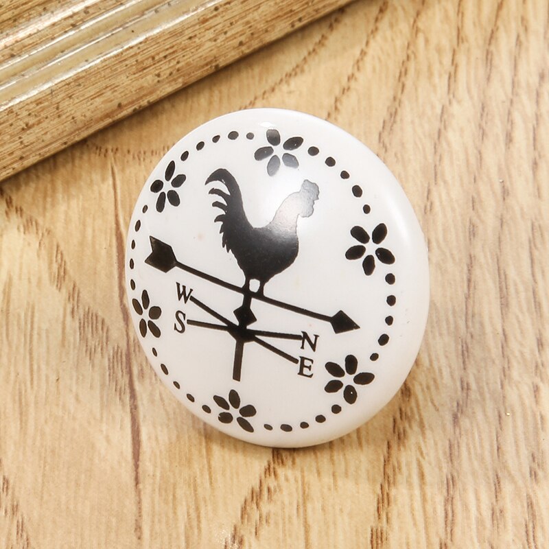 1PC White Print Ceramic Handles Drawer Knobs Cupboard Door Handles Single Hole Cabinet Handles With Screws Furniture Handle: cock