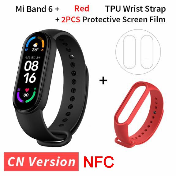 Xiaomi Mi Band 6 NFC inteligentna bransoletka 1.56 &quot;ekran AMOLED 5 kolorów tlen krwi tętno Fitness Tracker wodoodporny Miband6: red strap film