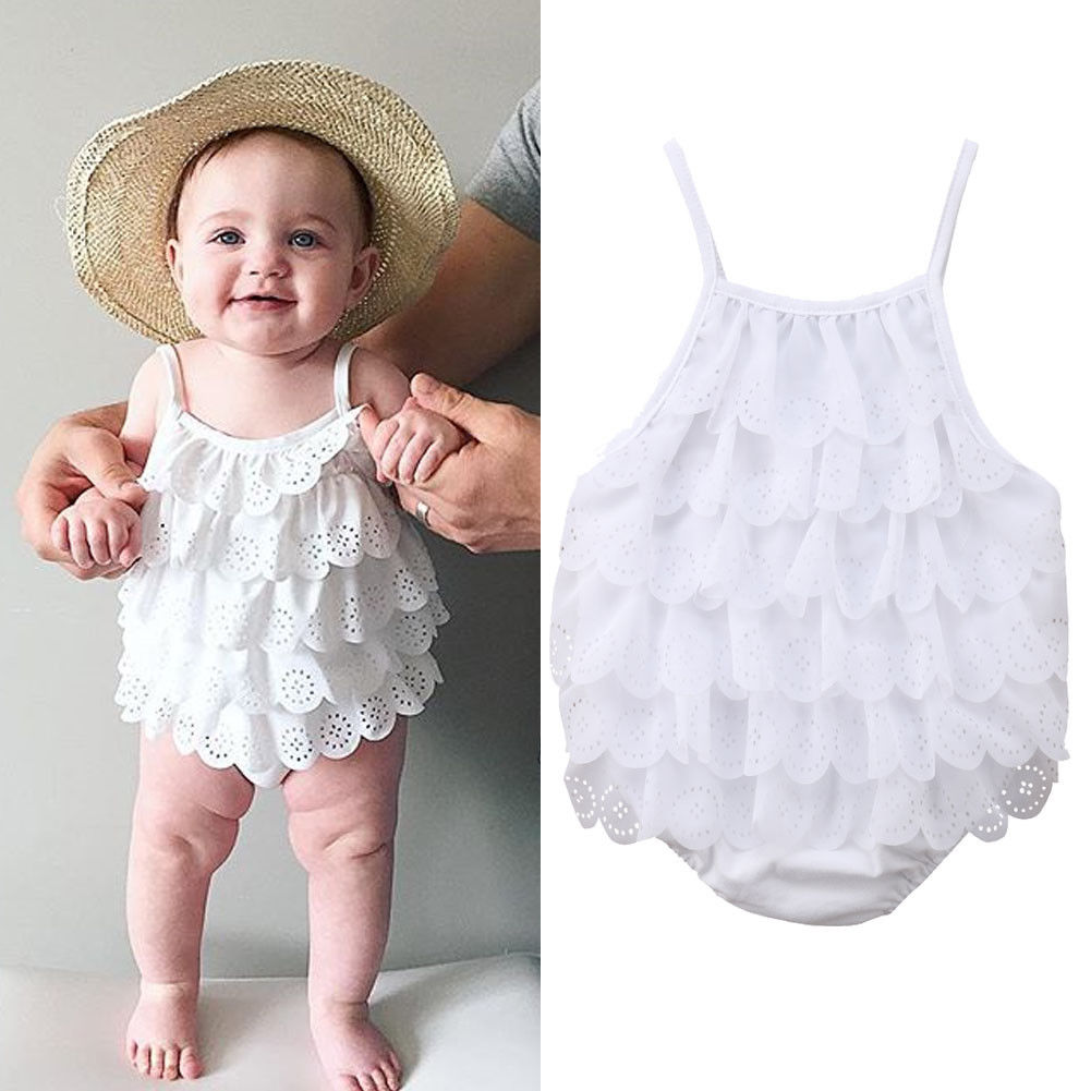 Märke sommar nyfödd småbarn spädbarn bebis flicka kläder vit bomull spets lager jacka solid vit jumpsuit outfits