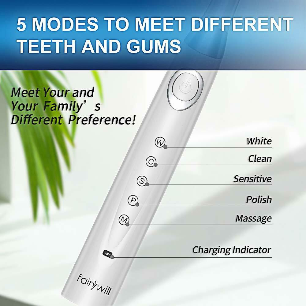 Fairywill Sonic brosse à dents électrique adulte USB Rechargeable étanche 5 minuterie intelligente 3 têtes de brosse à dents de remplacement FW508