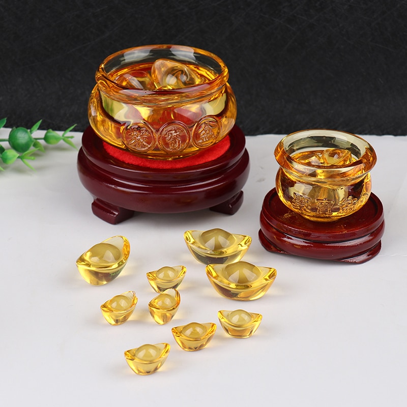 Feng shui kinesisk krystall gull ingots glass gul rikdom skatt skål statue dekorasjon