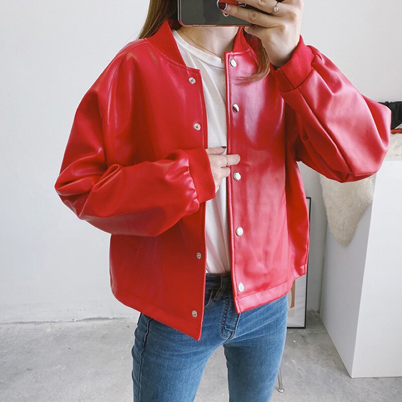 Chaqueta de cuero sintético para mujer, abrigo corto de piel sintética suave, negro y rojo, chaqueta de motorista con cremallera, holgado de talla grande, prendas de vestir, otoño