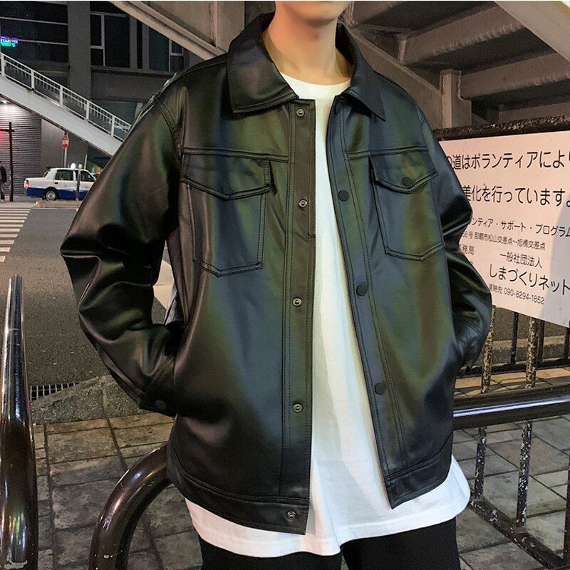 Herr vår svart mjuk konstläderjacka herr hiphop jacka läder manliga oversize streetwear fickor pu läderkläder