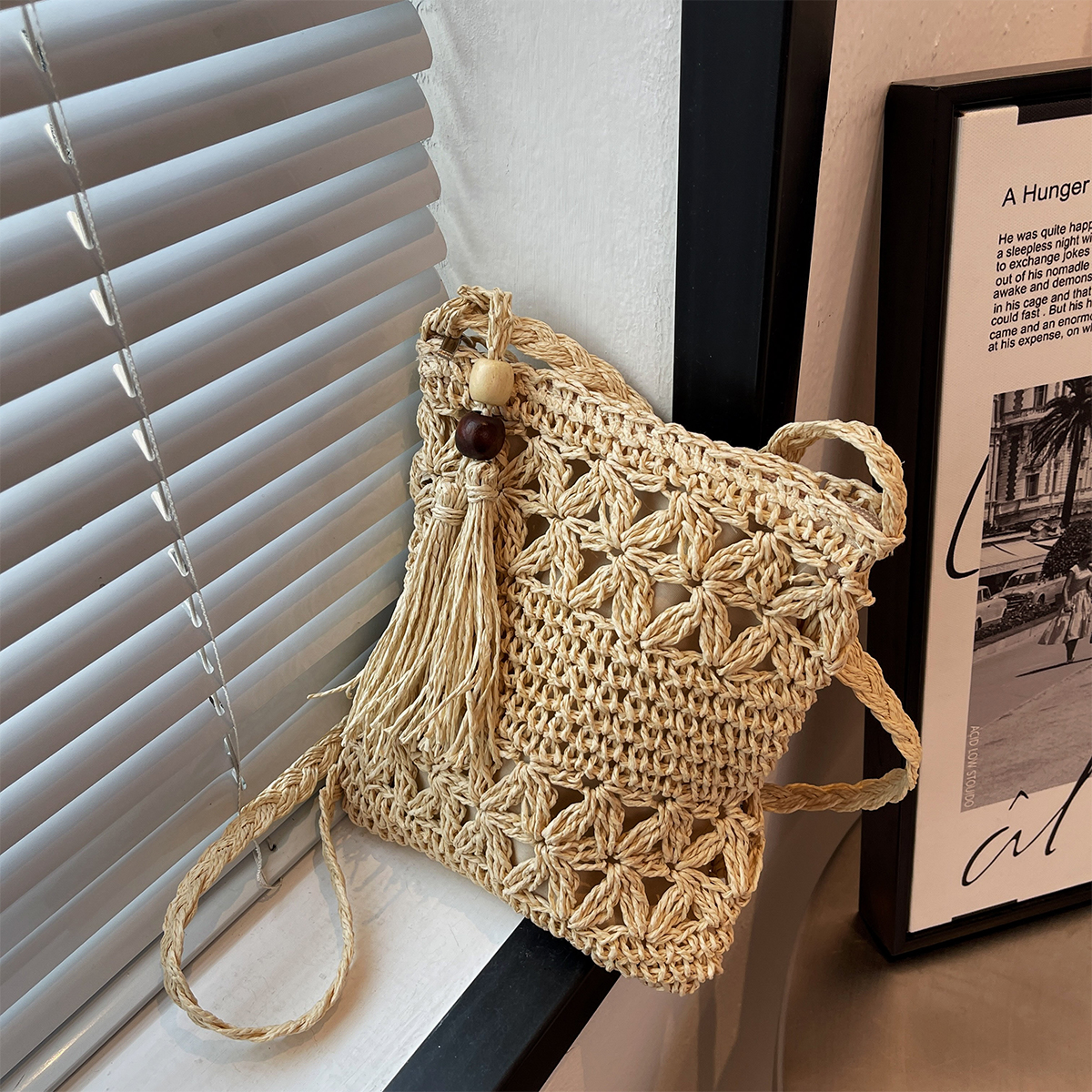 Bolso de playa cuadrado de paja tejida para mujer, detalle de flecos ligero, cierre de cremallera, perfecto para vacaciones y salidas de verano ﻿ bolso