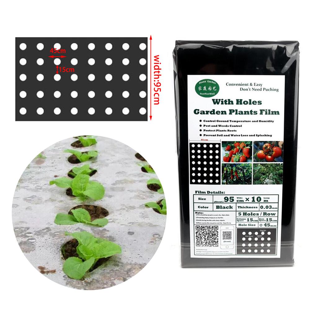 95cm*10m 5 huller 0.03mm havegrøntsager sort film landbrugsplanter film plast perforeret pe mulch film mulchmembran #
