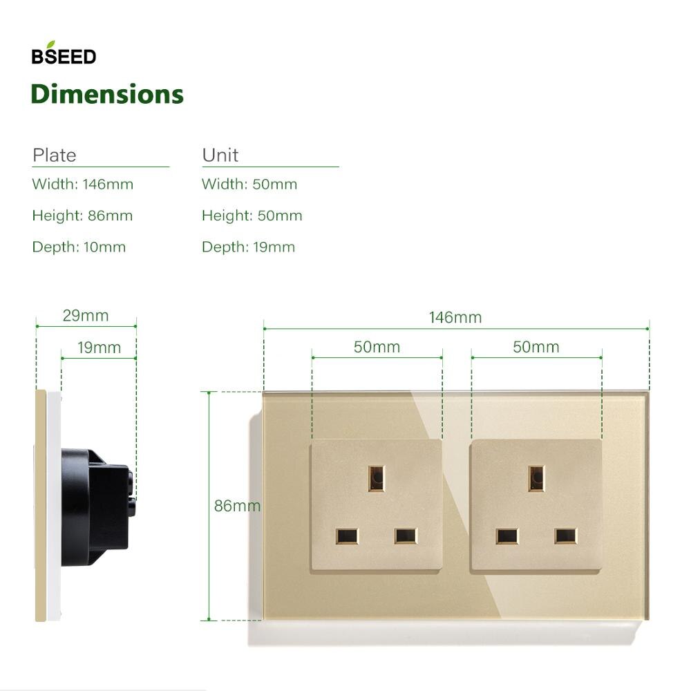 BSEED UK Standard Double Socket Wall Socket 110V-250V White Black Gloden Crystal Glass Panel 146*86mm