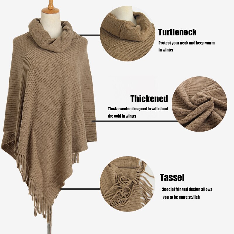 Vinter stickad tröja dam lång poncho och capes tjocka varma pullovers solid tofs fladdermus ärm tunna tröjor
