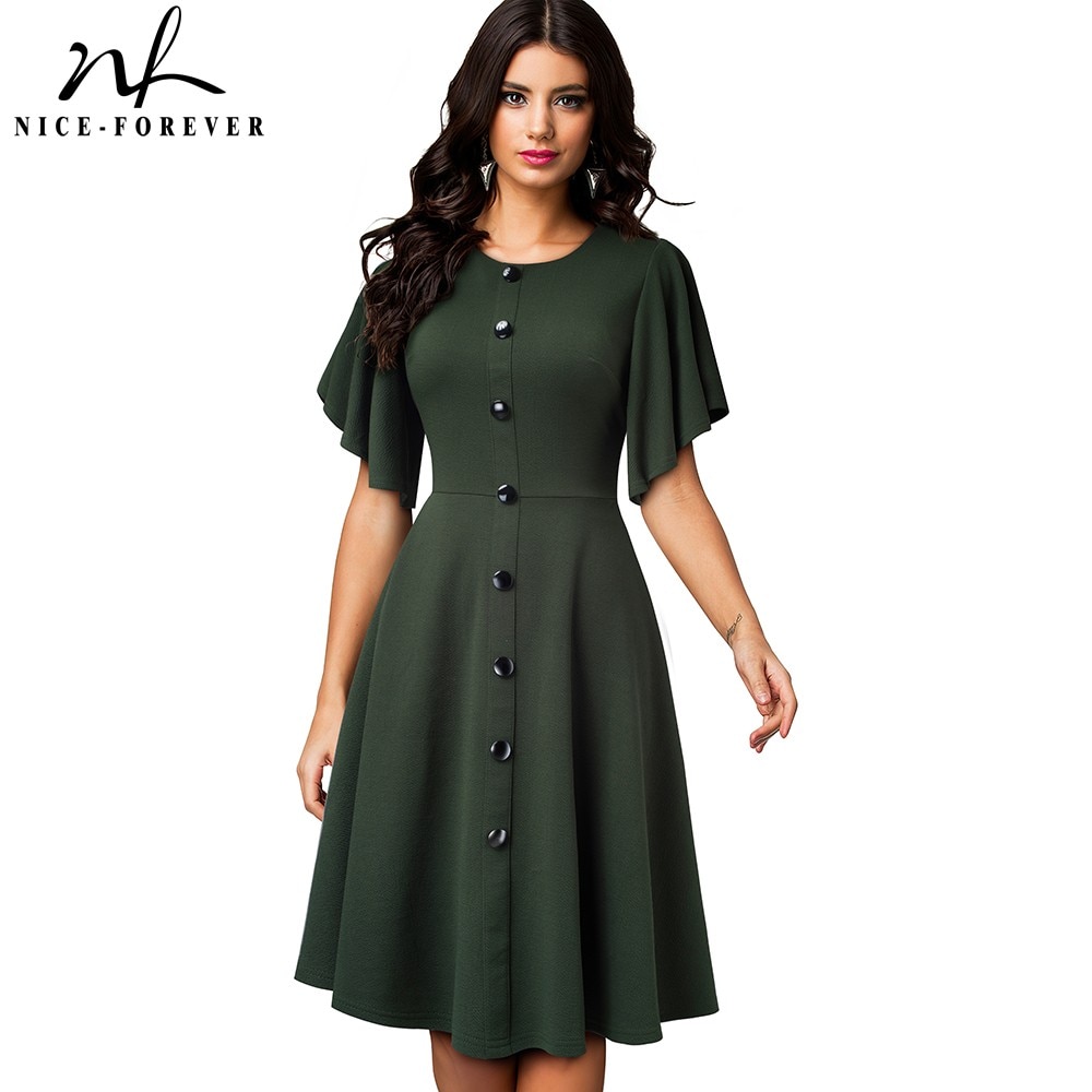 Nizza-für immer Sommer Frauen Einfarbig Elegante Schößchen Hülse Kleider lässig aufflackern Schaukel A-Linie Kleid A248