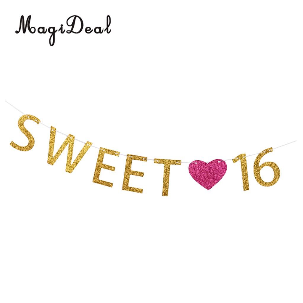 2m 16th Happy Birthday Garland Girls Sweet 16 Letters Rose Heart Party Sixteen Gold Banner Hanging Decoration
