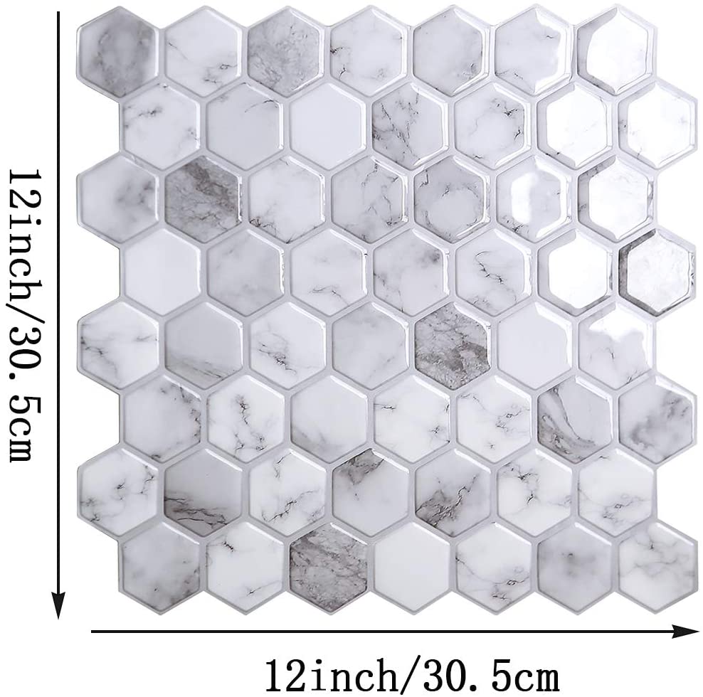 Hexagon White Stone texture Vinyl Sticker Self Adhesive Wallpaper Kitchen Bathroom Square Wall Tiles (1 Sheet)