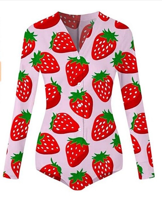 Women V-neck Long Sleeve Jumpsuit Casual Tight Strawberry Print Elastic Slim Jumpsuit Spring Autumn