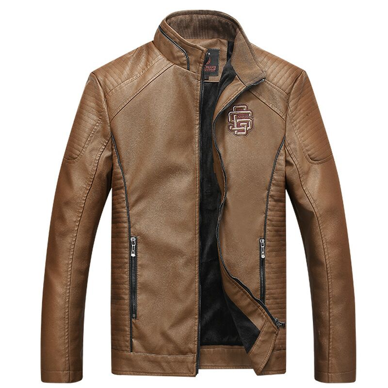 Faux Leather Jackets Men Classic Motorcycle Bike Cowboy Jacket Asian Size Winter Warm Coat Male Thick Coats 5XL 16: Khaki / XL