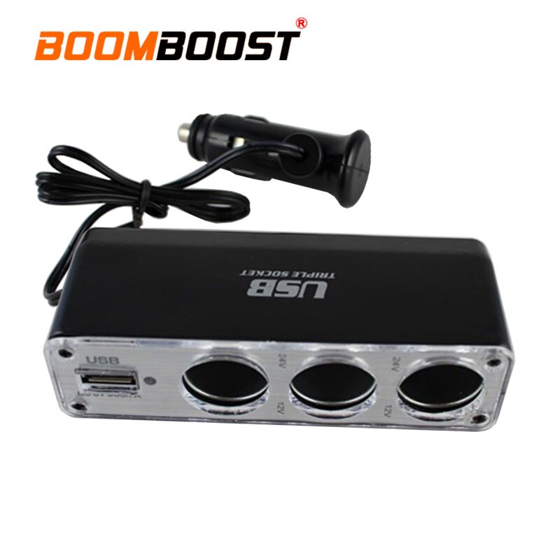 Car Cigarette Lighter 3 Way Auto Socket Splitter 12V Triple socket with one USB Charger Power Adapter Plug DC 12V