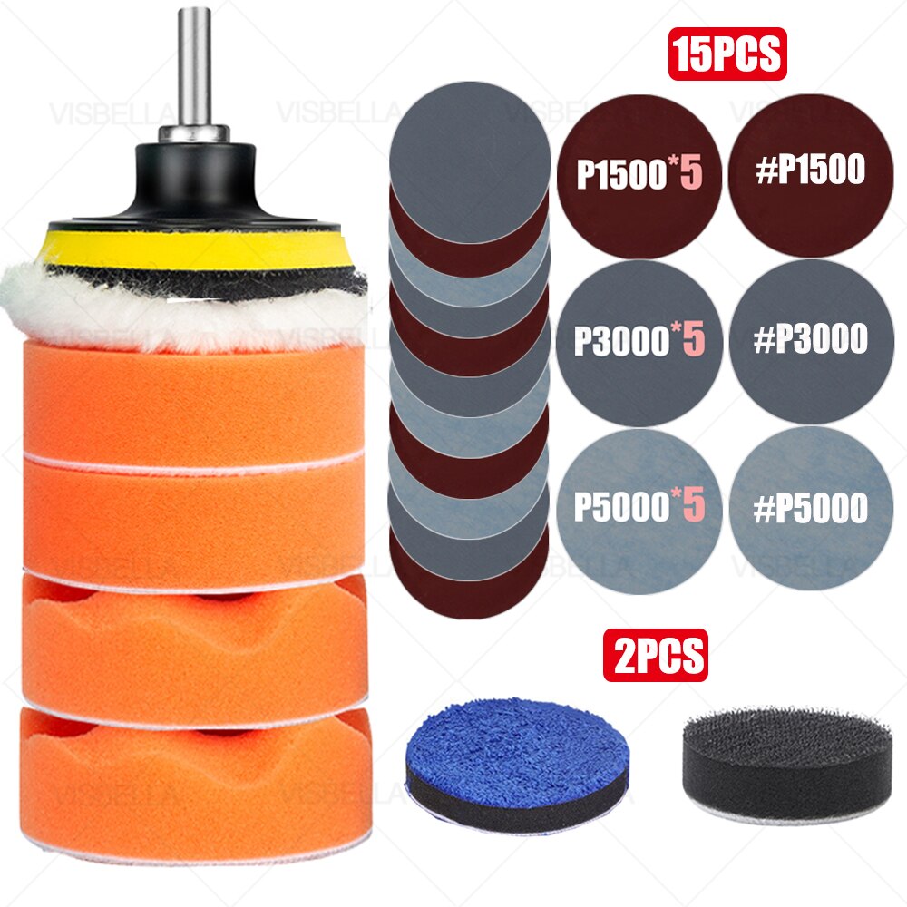 3Inch Car Polishing Kit Sponge Foam Pad Auto Headlight Wheel Polisher Polishing Refurbish Abrasive Disc Sandpaper Buffing Pads: package 14