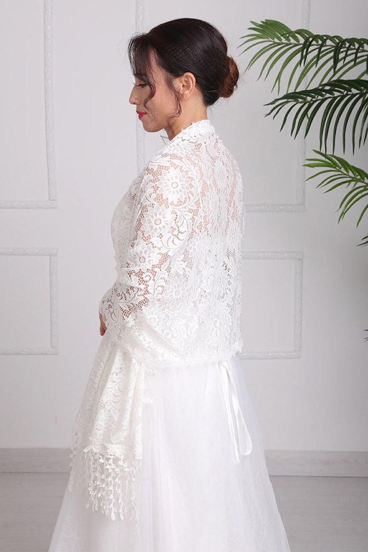 Bruiloft Accessoires Bolero Wit Bruids Mantel Vrouwen Wrap Kwasten Dunne Kant Cape Gril Jurk Avond Jassen Wedding Wrap Shawl